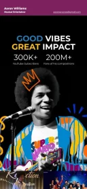 Mobile preview of Aaron Williams musical entertainer website showing 300K+ YouTube subscribers and 200M+ fans