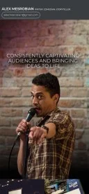 Mobile preview of Alex Mesrobian's website featuring him performing stand-up comedy