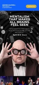 Mobile preview of Buster Caldwell's mentalism website featuring the headline 'Mentalism That Makes All Brains Feel Seen' and a five-star testimonial