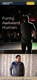 Mobile preview of the Carlos Kotkin comedian website featuring the text Funny. Awkward. Human.
