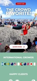 Mobile preview of Cate Great circus performer website showing her performing a one-handed handstand on a cane