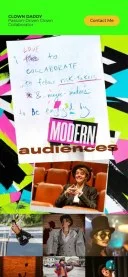 Mobile preview of Clown Daddy website featuring a handwritten note: Love to collaborate with fellow risk-takers & wage-makers to be engaged by modern audiences