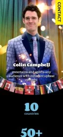Mobile preview of Colin Campbell's website featuring his comedy performance and international tour statistics