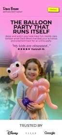 Mobile preview of Dave Brenn birthday party entertainment website featuring a child with a balloon animal