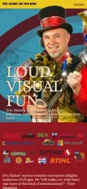 Mobile preview of Eric Haines One Man Band website featuring his performance photo, client logos, and Time Magazine quote