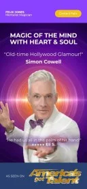 Mobile preview of Felix Jones mentalist magician website featuring a Simon Cowell quote and America's Got Talent branding