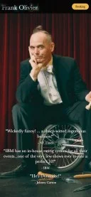 Mobile preview of Frank Olivier's website featuring performance quotes from the NY Times, IBM, and Johnny Carson