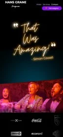 Mobile preview of Hans Grane website featuring a Simon Cowell quote: That Was Amazing!