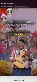 Mobile preview of Juan Mendoza's website featuring his music and cultural art
