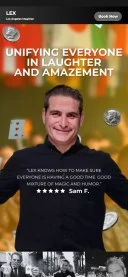 Mobile preview of Lex Los Angeles Magician website featuring a testimonial by Sam F.