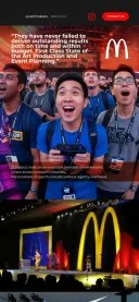 Mobile preview of McDonald's event production website featuring a testimonial and event photography