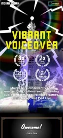 Mobile preview of Moira Quirk Vibrant Voiceover website featuring 8x Emmy awards, 2x Annie awards, Top 10 Voiceover Artists list, and CableACE award