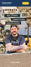 Mobile preview of Phoenix Kristan website featuring the text: Real Stories, Honest Songs, Endless Roads
