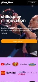 Mobile preview of Sterling Johnson's website featuring bubble performance and client logos including YouTube, Jelly Belly, Mailchimp, Ghirardelli, Wells Fargo, Bloomberg, Cisco, and Pixar