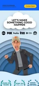 Mobile preview of Steve Silverman's website featuring his photo, the text 'Let's make something good happen', and logos for ABC, FOX, Hulu, Bravo, CBS, and NBC