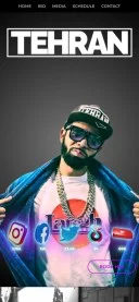 Mobile preview of Tehran's website featuring a photo of the comedian wearing a cap, sunglasses, and chain