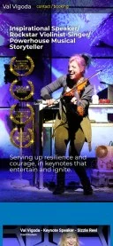 Mobile preview of Val Vigoda's website featuring her as an inspirational speaker and rockstar violinist